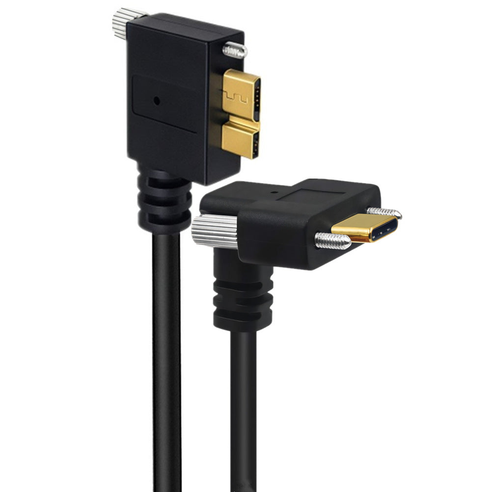Dual screw-locking up-angle USB-C to left-angle Micro USB 3.0 Type-B industrial cable