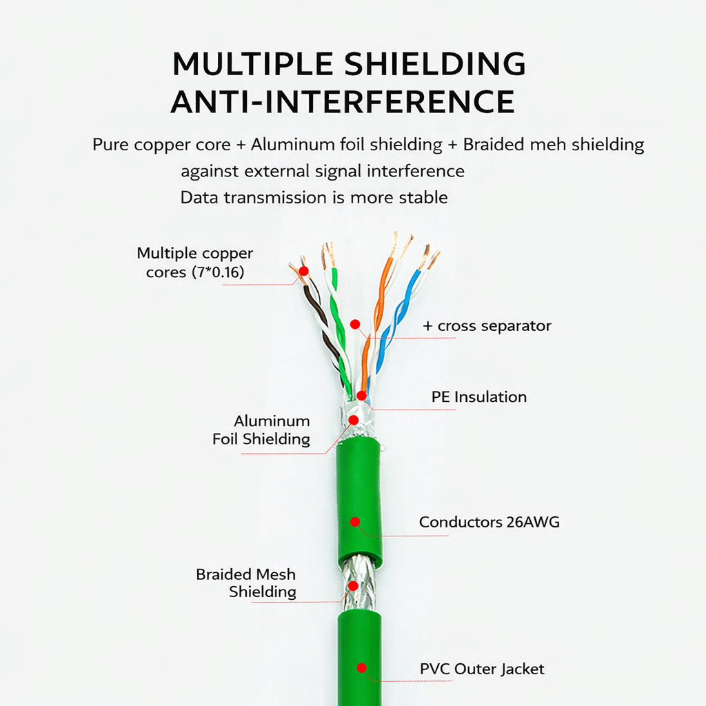 Diagram of a cable with labeled components and text about multiple shielding for anti-interference.