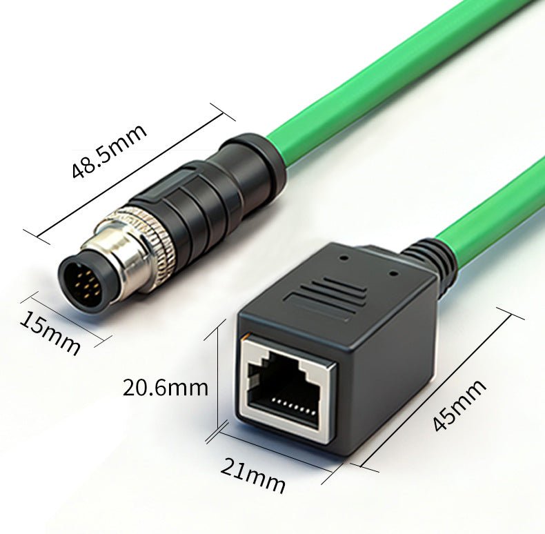 Green cable with connectors and measurements on a white background