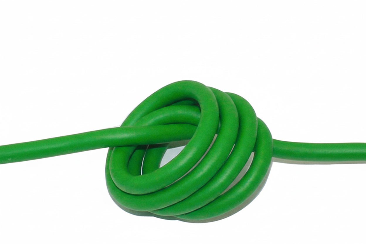 Green rubber hose with a knot on a white background