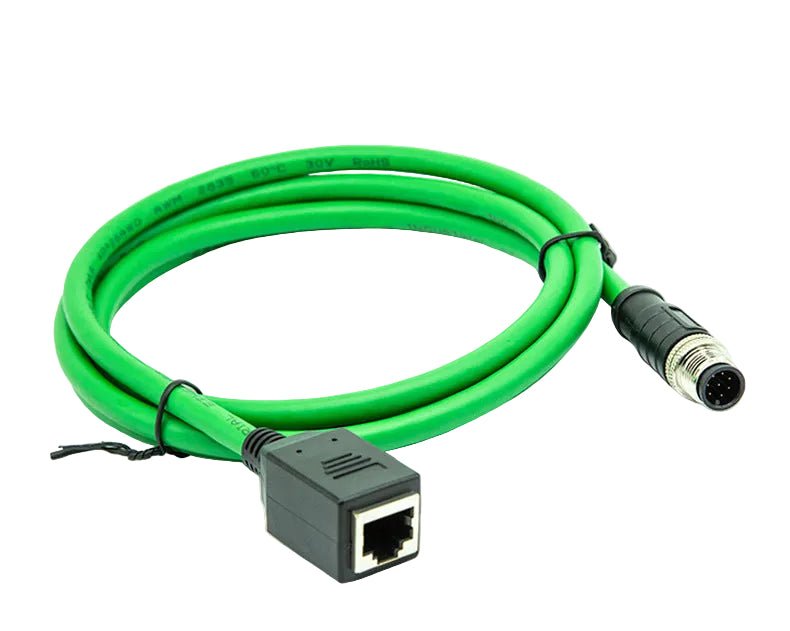 Green cable with network connector on a white background