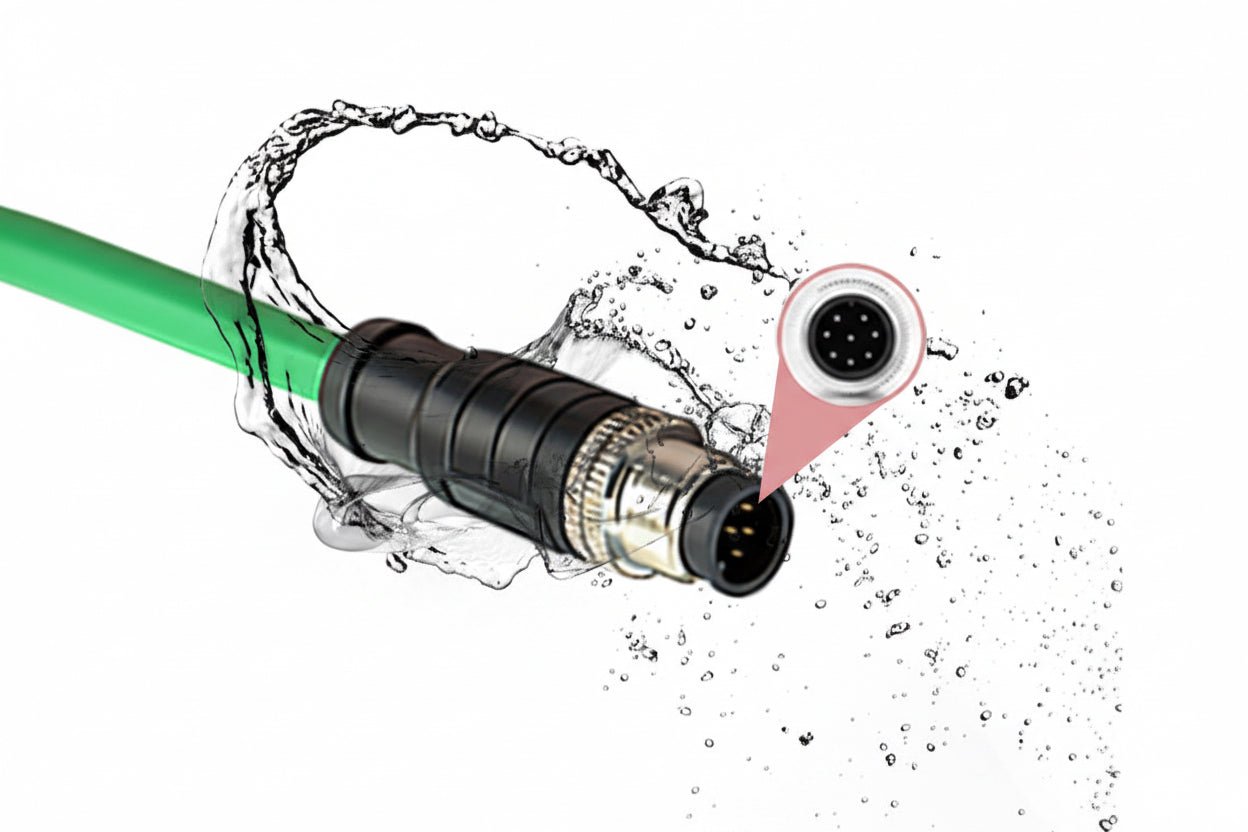 Green garden hose with black connector and water splashes on a white background