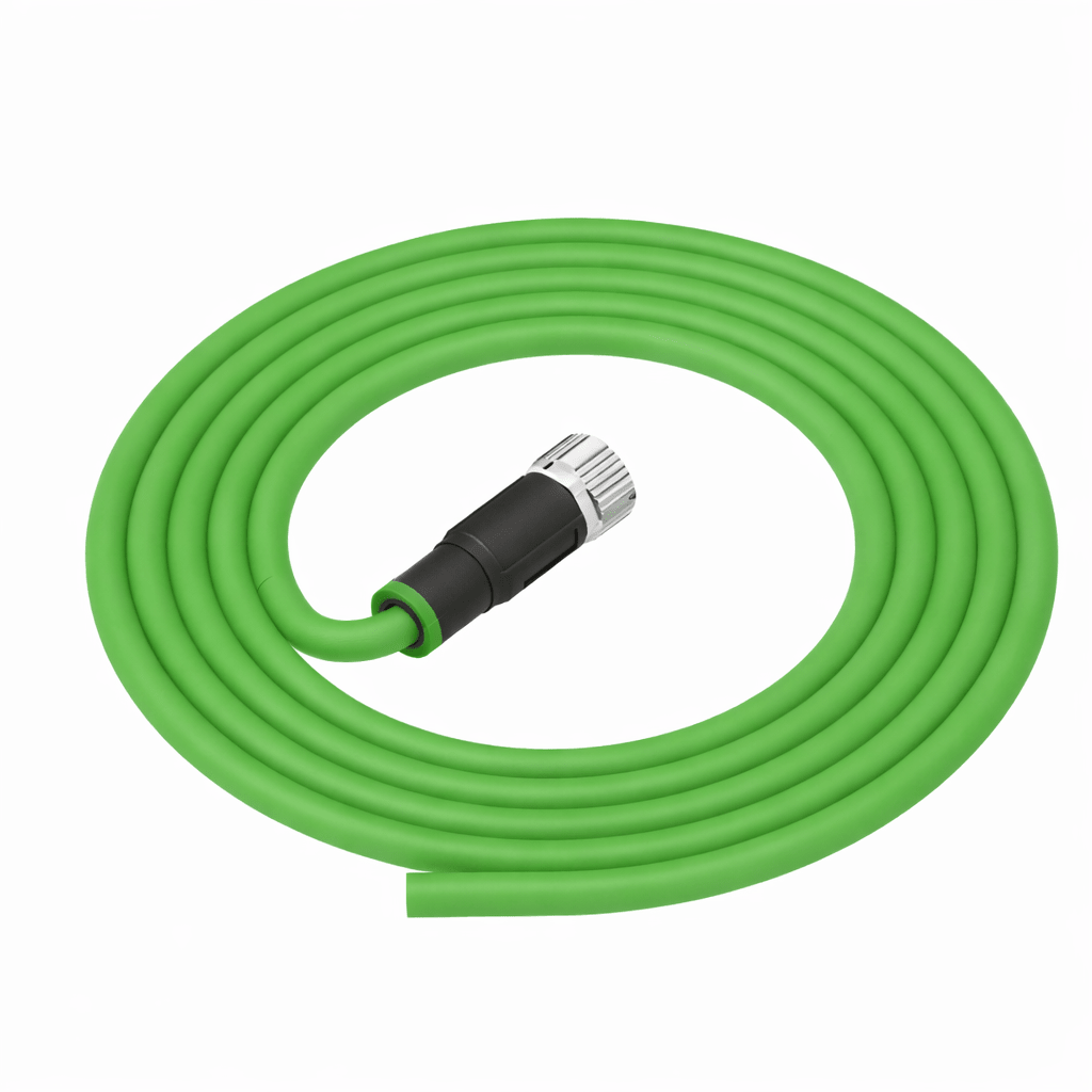 Green garden hose with a black and silver connector on a white background