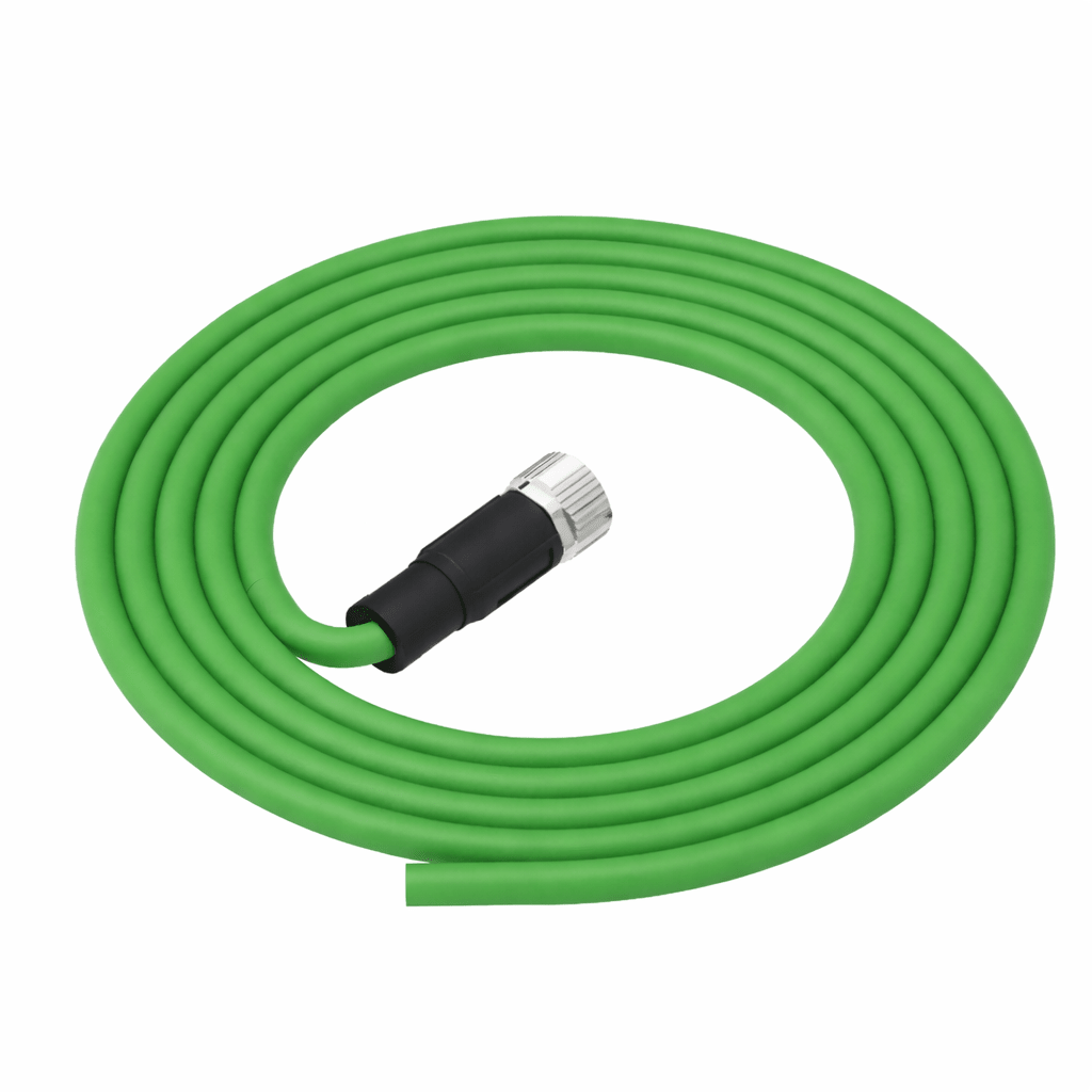 Coiled green air hose with a black and silver fitting on a white background
