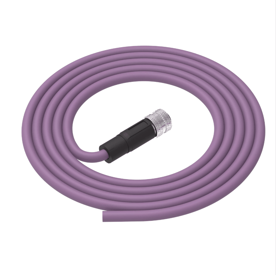 Purple cable with a black and silver connector on a white background