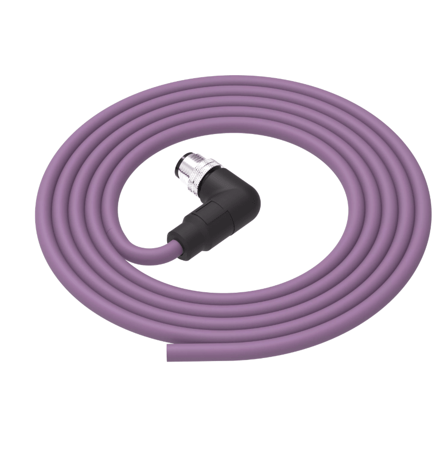 Purple audio cable with a black connector on a white background