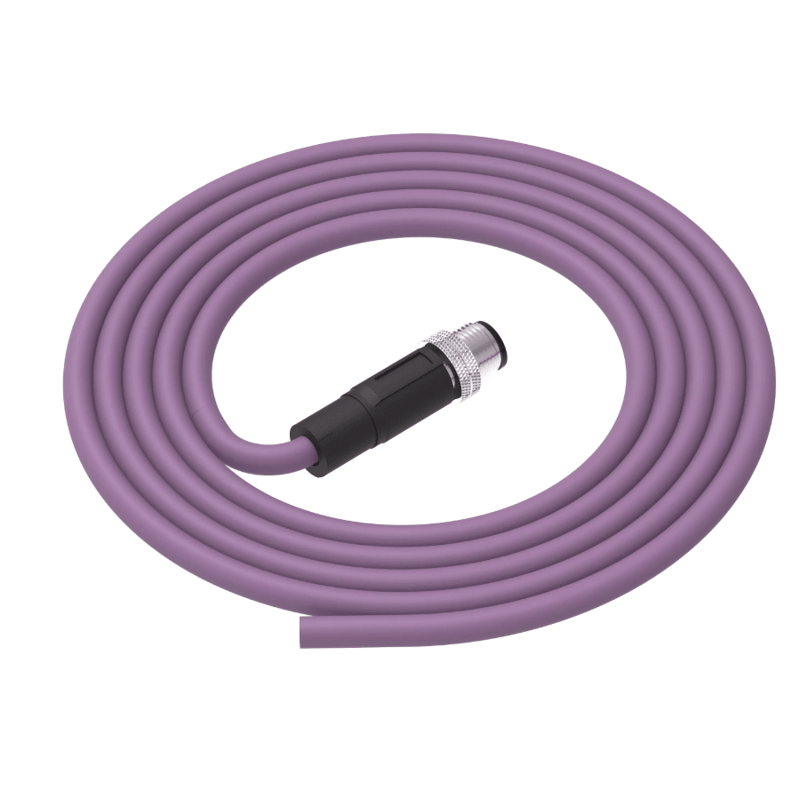 Purple coiled cable with a black connector on a white background