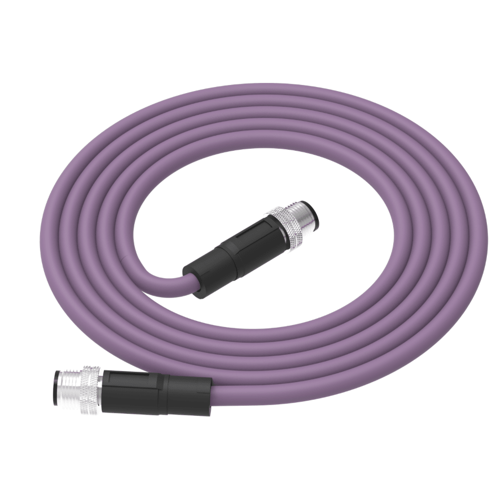 Coiled purple cable with black connectors on a white background