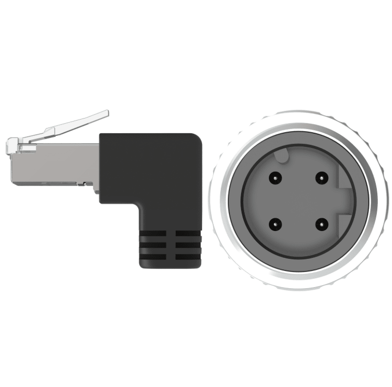 RJ45 Ethernet connector and XLR female connector on a white background
