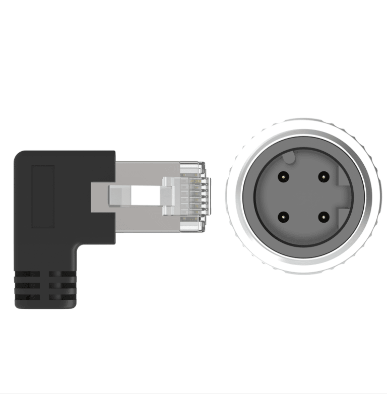 RJ45 connector and XLR female plug on a white background