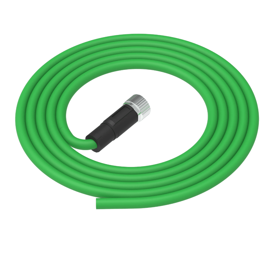Green garden hose with a black and silver nozzle on a white background