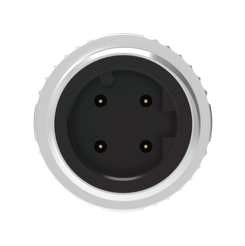 Close-up of a black electrical plug with metallic contacts on a white background