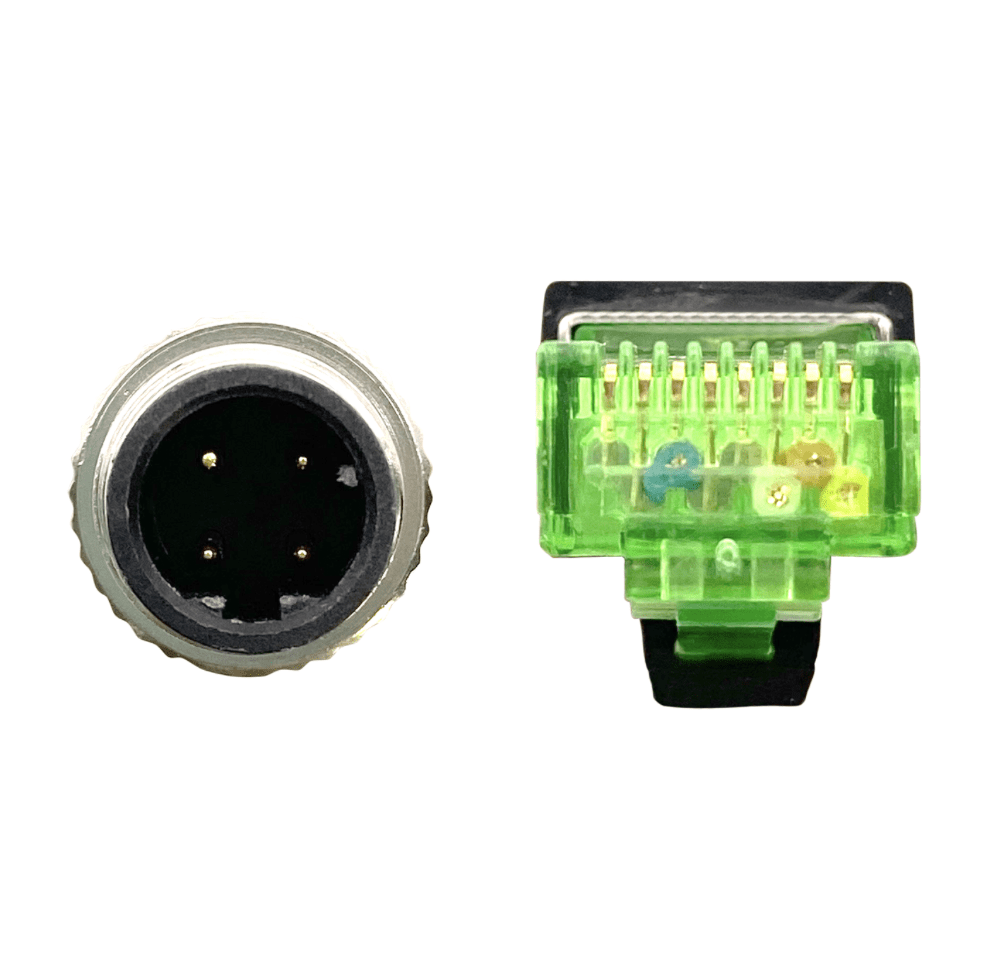 Electrical connector with black circular end and green rectangular housing on a white background