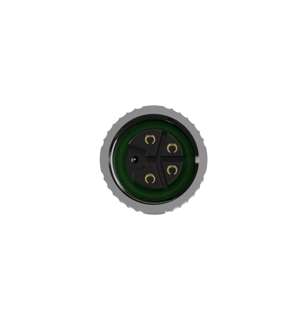 Circular green connector with four gold contacts on a white background