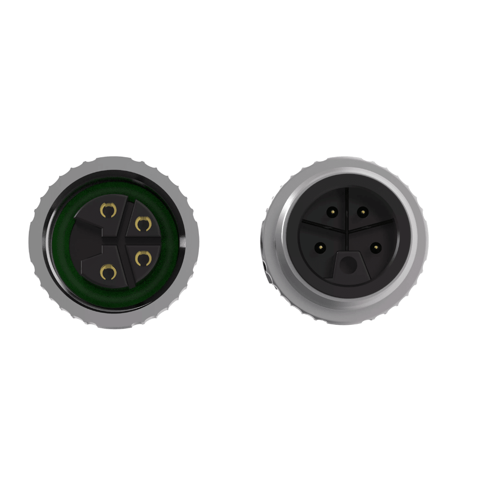 Two electrical connectors, one green and one gray, on a white background