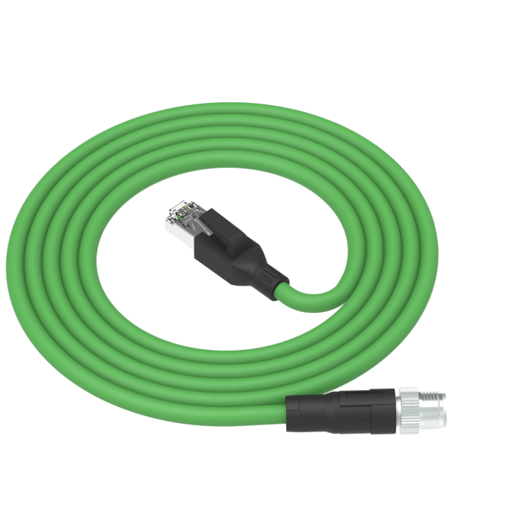 Green Ethernet cable with black connectors on a white background