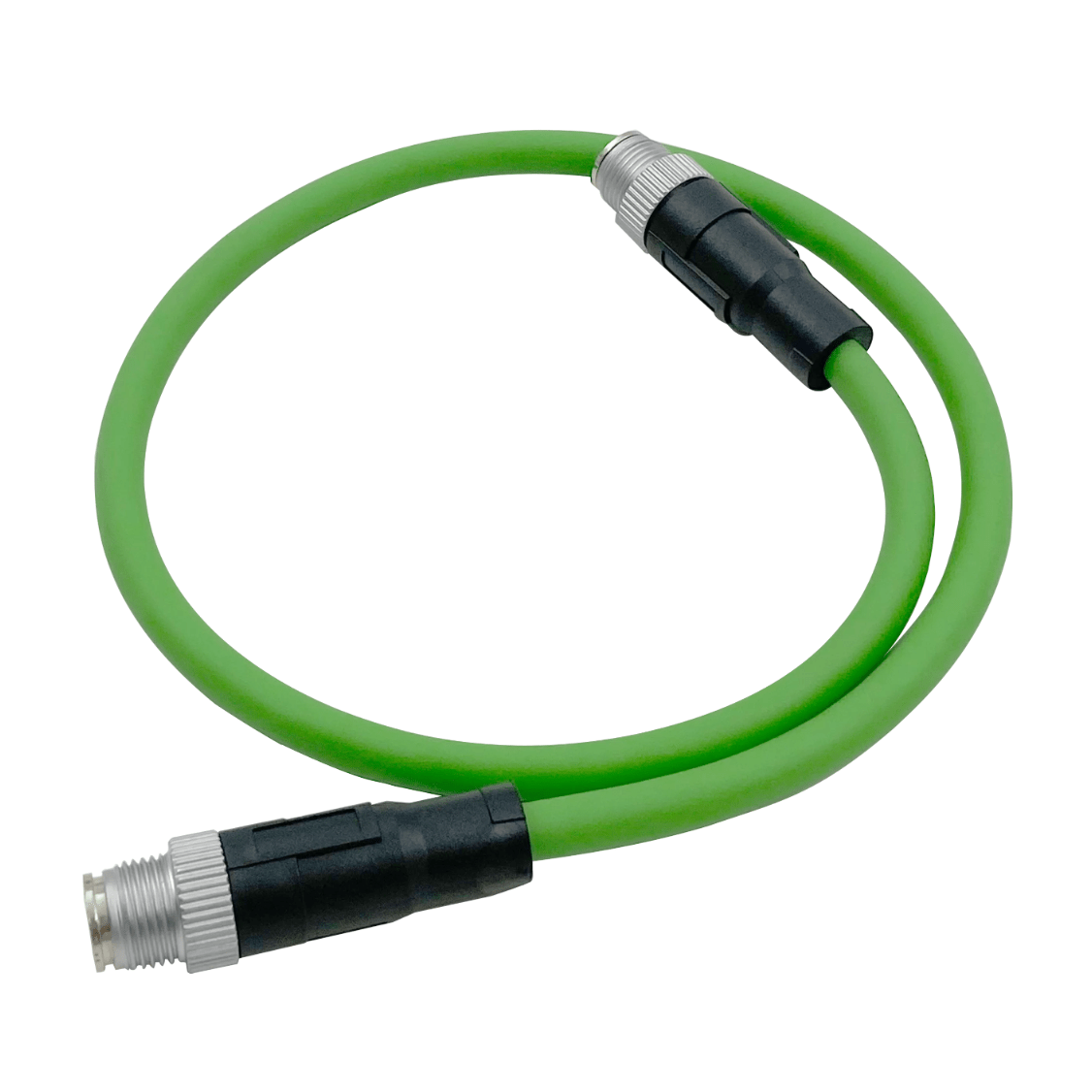 Green hose with black and silver connectors on a white background