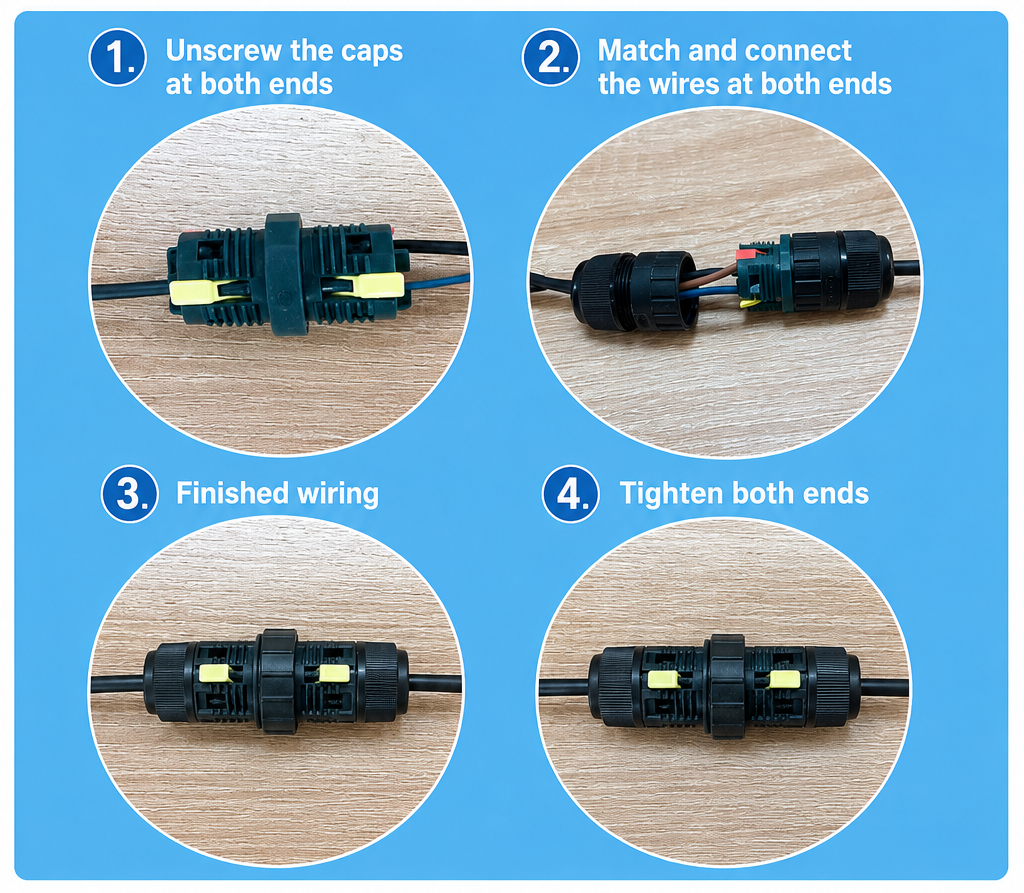 Step-by-step guide on how to wire connectors with images and text instructions.