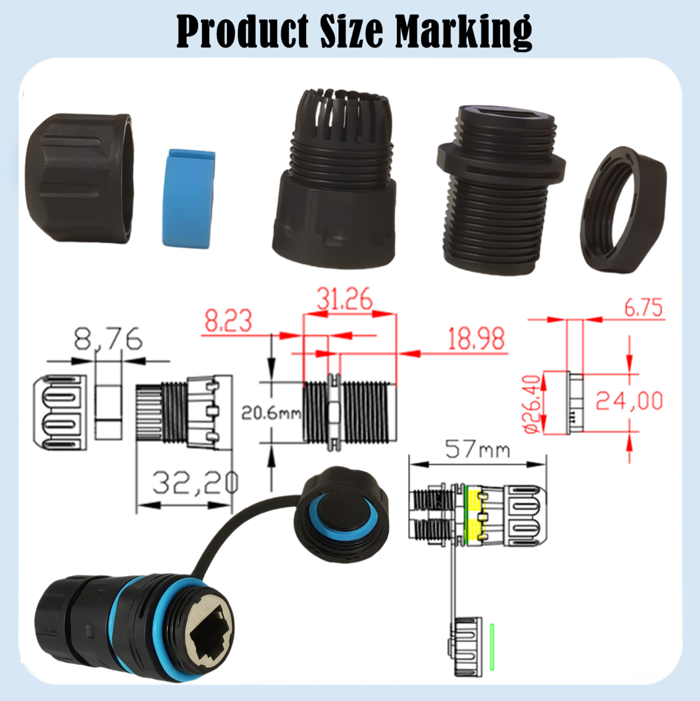 Cat6 RJ45 Waterproof Connector IP68 | M21 8P8C Shielded Ethernet LAN Coupler Adapter