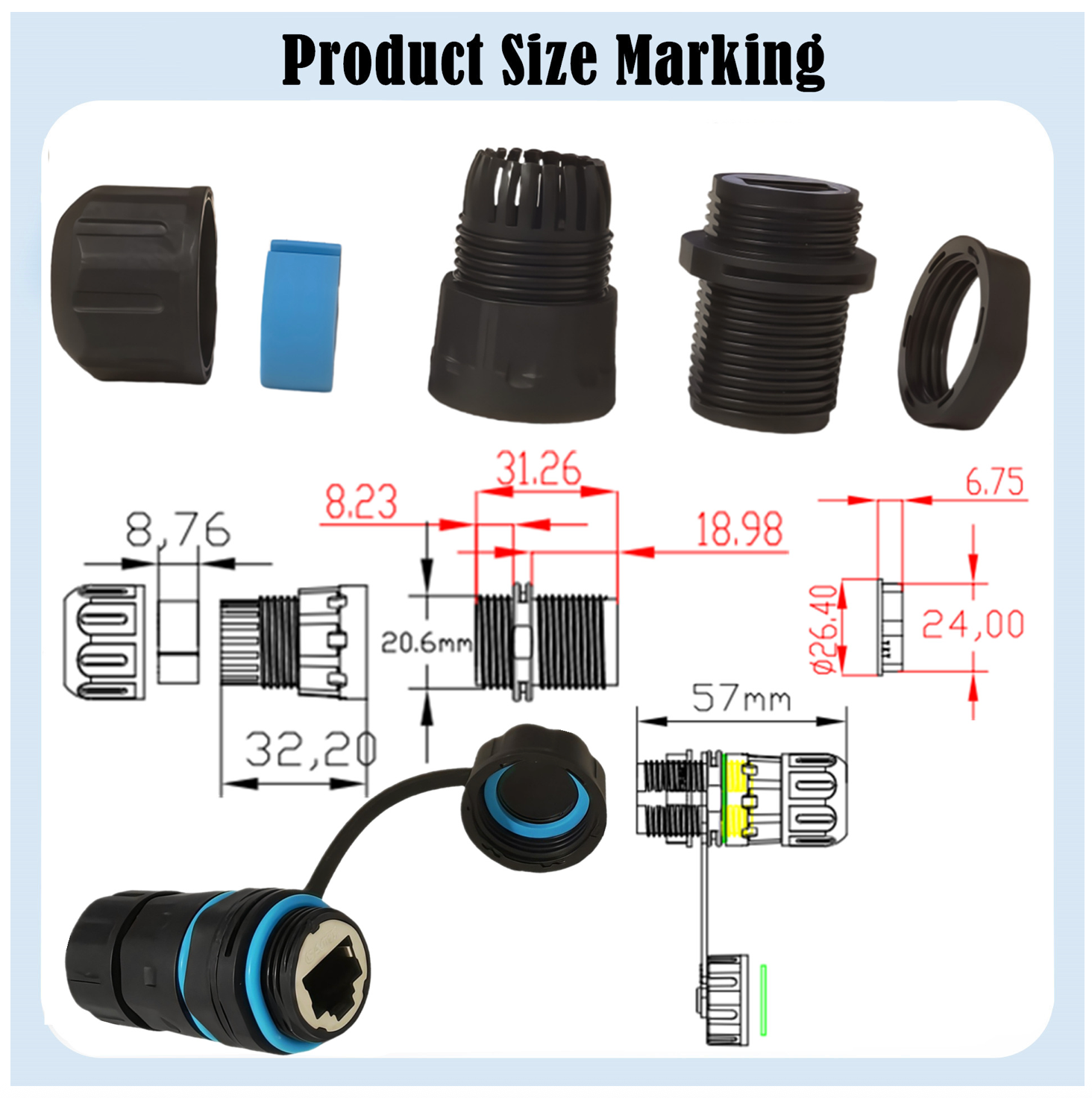 Cat6 RJ45 Waterproof Connector IP68 | M21 8P8C Shielded Ethernet LAN Coupler Adapter