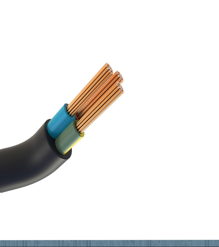 Close-up of a cable with copper wires and black, blue, and yellow insulation on a white background