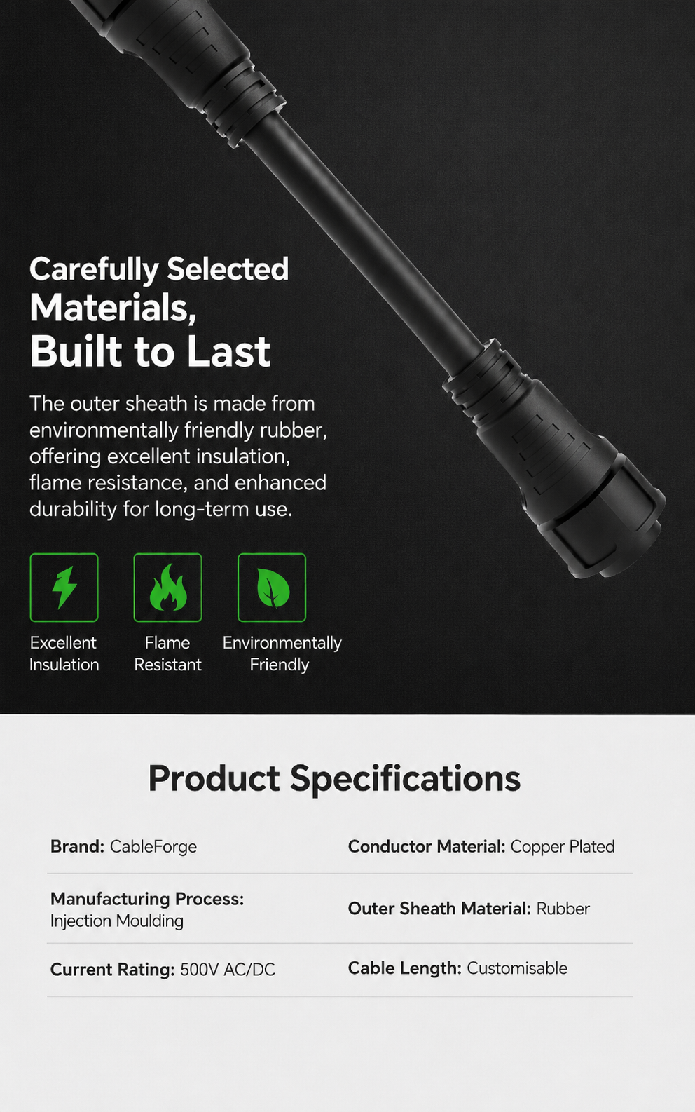 Tactical flashlight with specifications on a black background