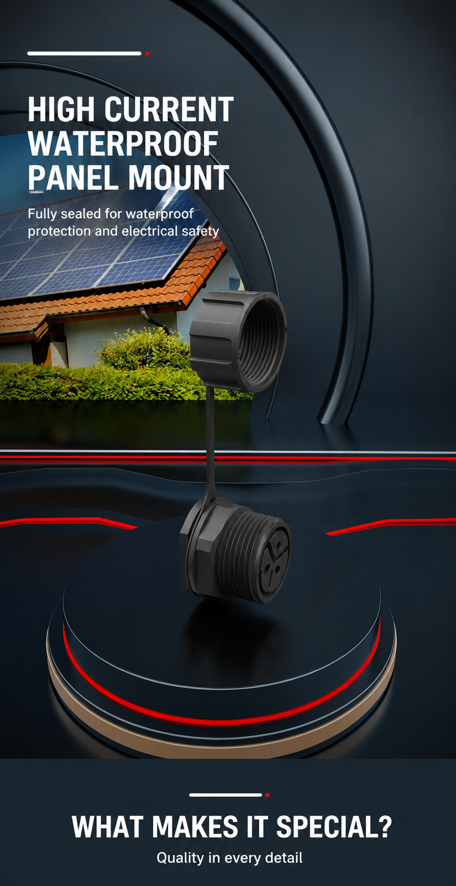 High current waterproof panel mount with a house in the background