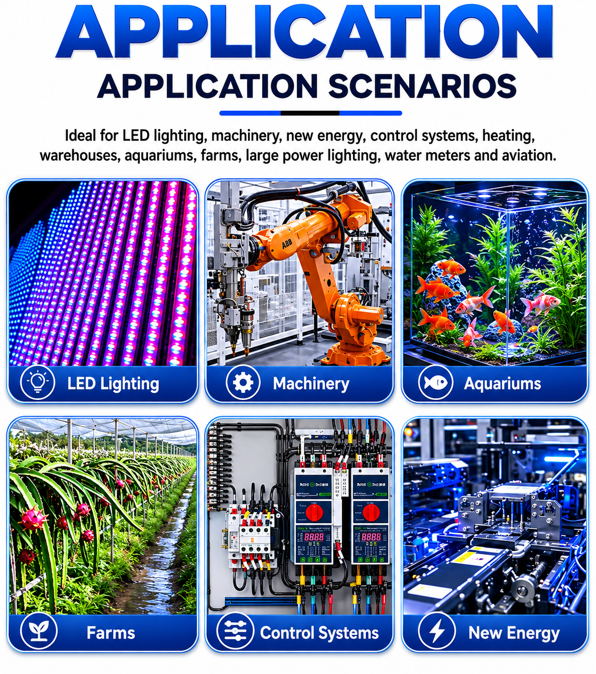 Application scenarios for LED lighting, machinery, new energy, control systems, heating, warehouses, farms, water meters, and aviation.