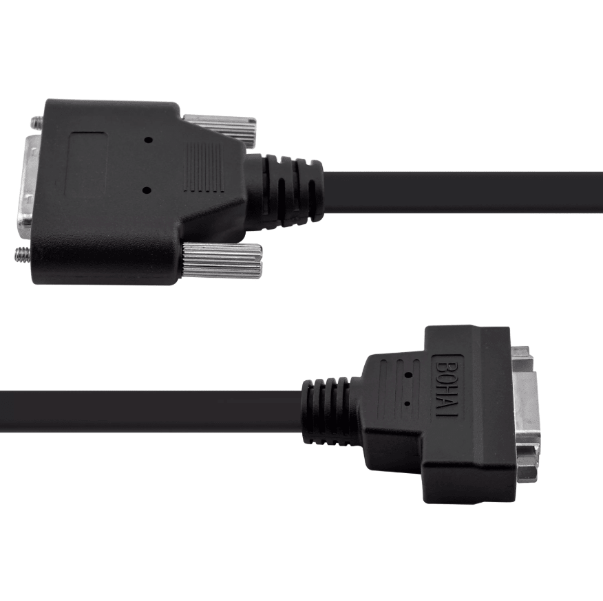 MDR 26-pin male and female connectors with captive thumbscrews on Camera Link extension cable