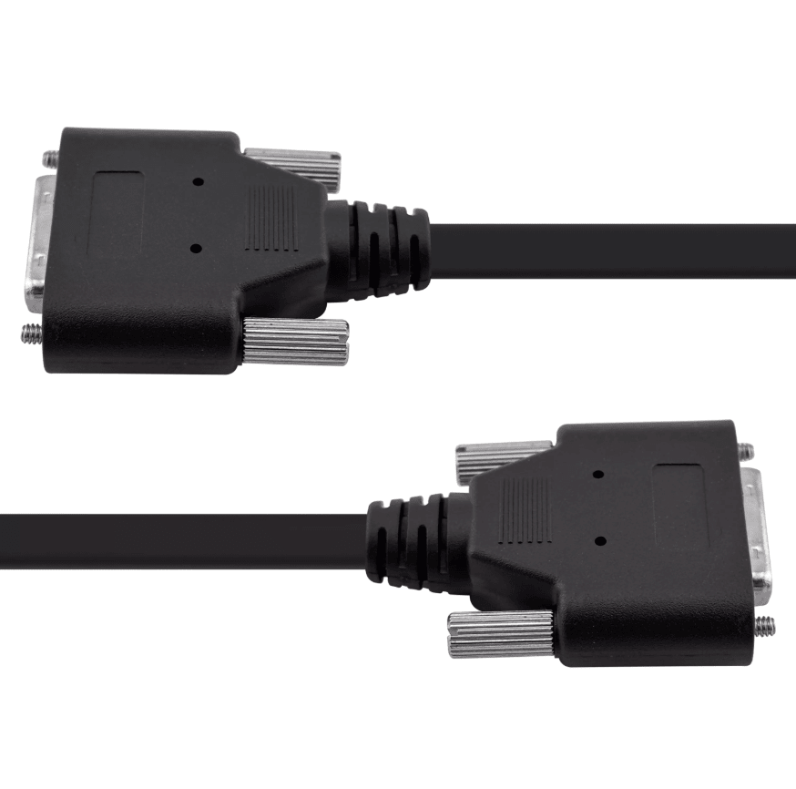 Close-up of MDR 26-pin male connector and captive thumbscrews on Camera Link cable