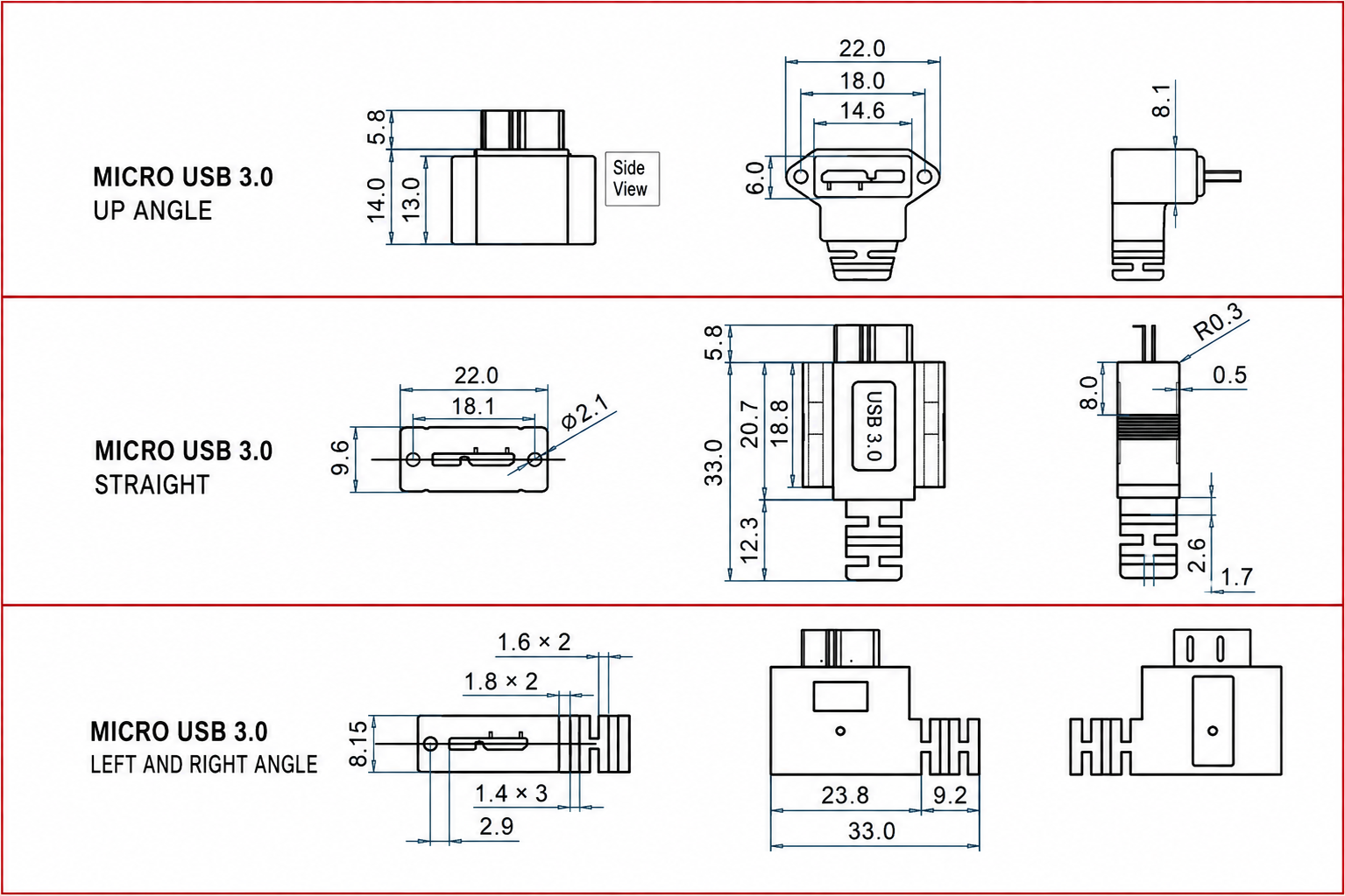 Technical dimension diagram showing three views of a Micro USB 3.0 connector from up, straight, and left/right angles, with measurement labels and red divider lines on a white background.