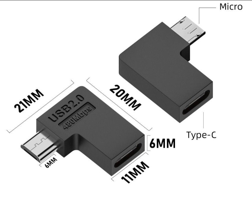 Micro USB male to USB C female adapter showing connector dimensions and design