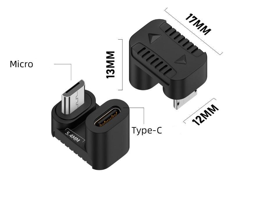 Micro USB male to USB C female down angle adapter showing connector dimensions and measurements