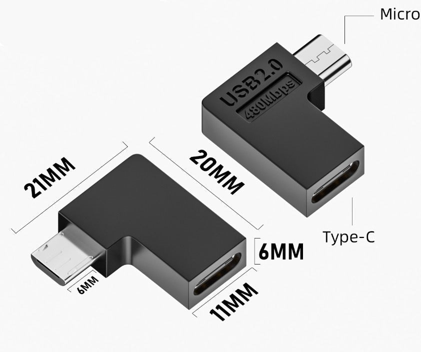 Micro USB male to USB C female left angle adapter showing connector dimensions and design
