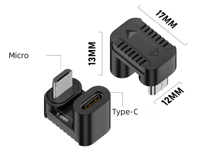 Micro USB male to USB C female U shape adapter showing connector dimensions and measurements
