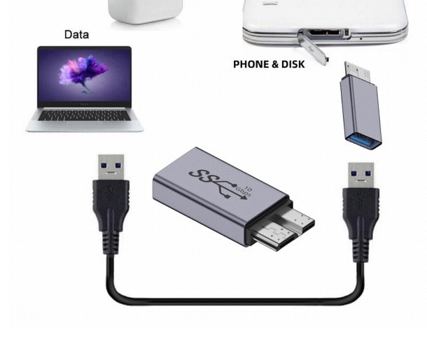 Micro USB B to USB 3.0 adapter connected to external storage device