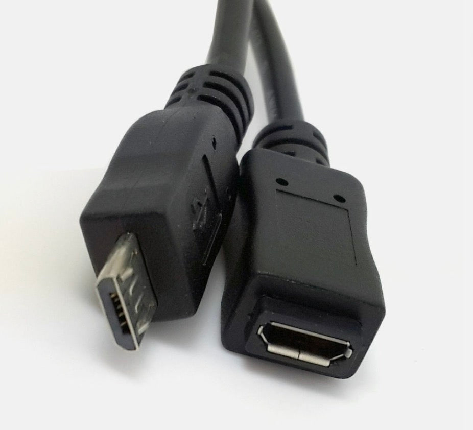 Micro USB male and female connectors showing OTG extension cable connection ends