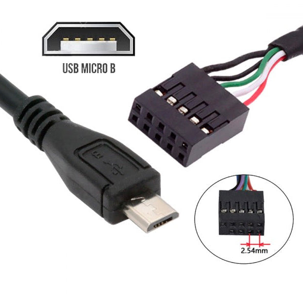 Micro USB to USB 2.0 motherboard header cable showing connector wiring and pin layout