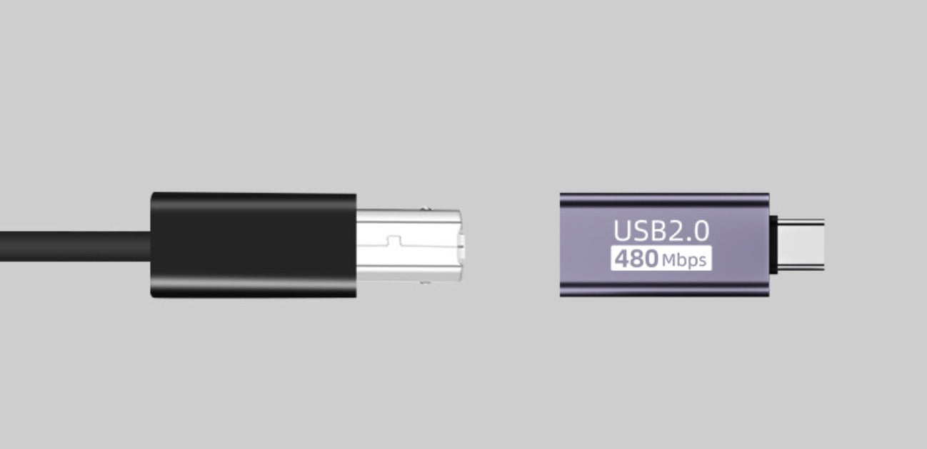 Connection example showing Micro USB OTG adapter and USB Type B cable