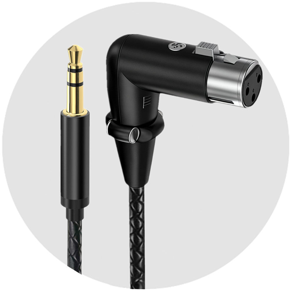 Audio cable with 3.5mm plug and XLR male connector on a white background