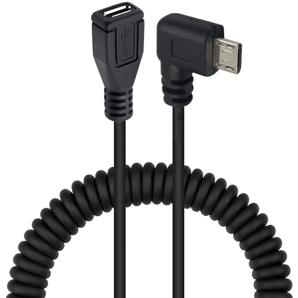 Micro 5Pin USB B Male to Micro Female Coiled Data Charging Extension Cable | Right Angle