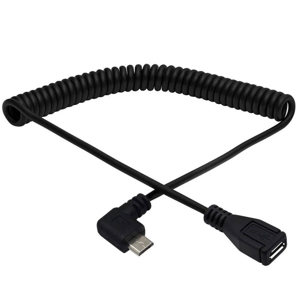 Micro 5Pin USB B Male to Micro Female Coiled Data Charging Extension Cable | Right Angle