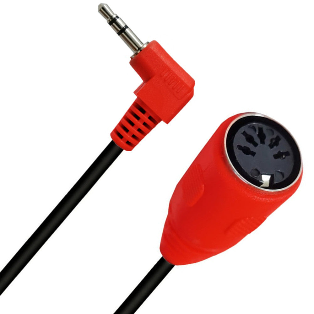 Detailed view of the angled TRS plug and 5-pin DIN female connector