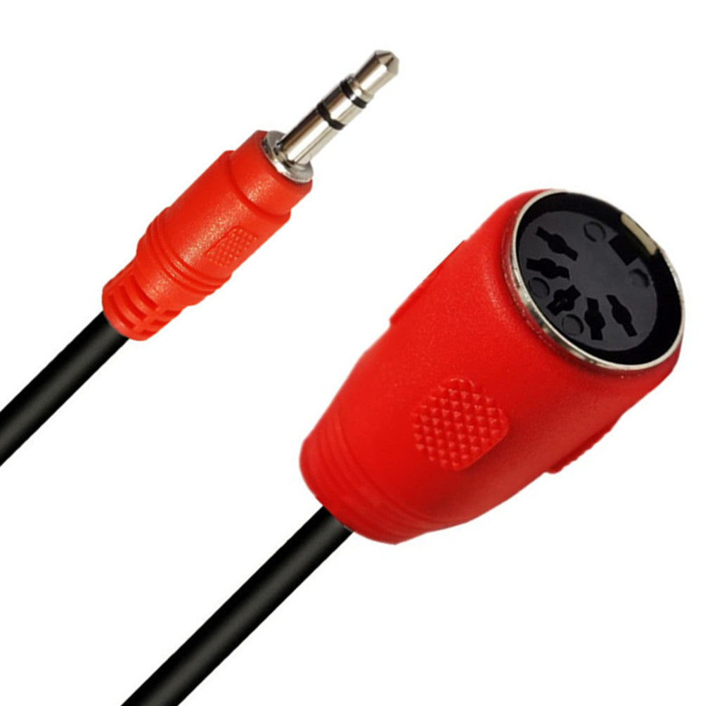 Detailed view of the angled TRS plug and 5-pin DIN female connector