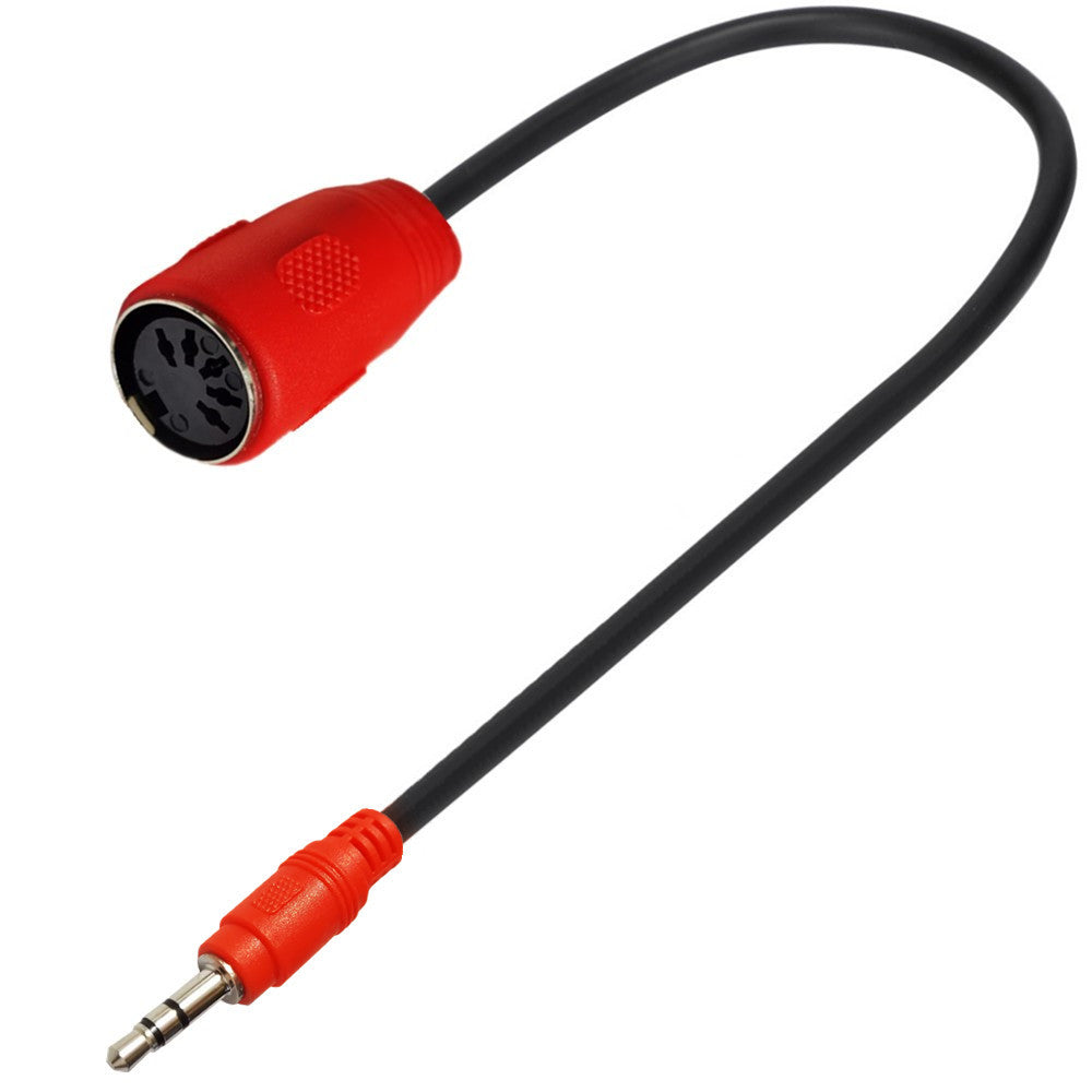 3.5mm TRS to 5-pin DIN MIDI adapter connected to a MIDI controller