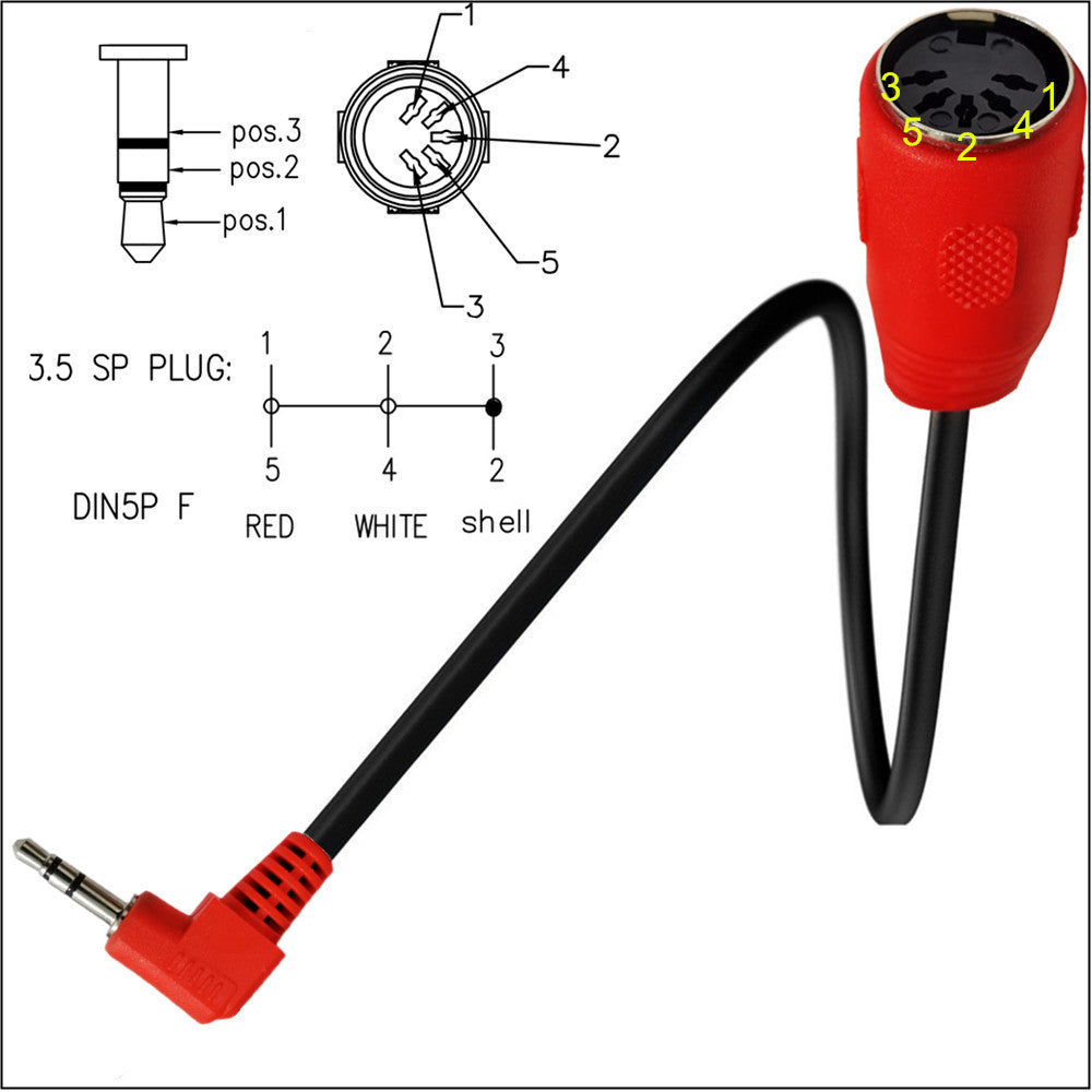 3.5mm TRS to 5-pin DIN female MIDI Type B adapter cable connected to a MIDI keyboard in a home studio