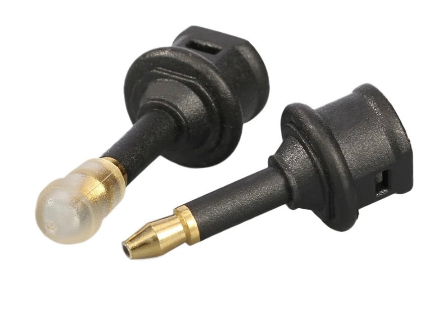 Multiple angle views of Mini TOSLINK to TOSLINK optical adapter