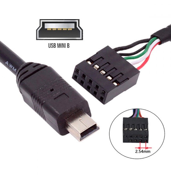 Mini USB to USB 2.0 motherboard header cable showing connector layout and wiring configuration