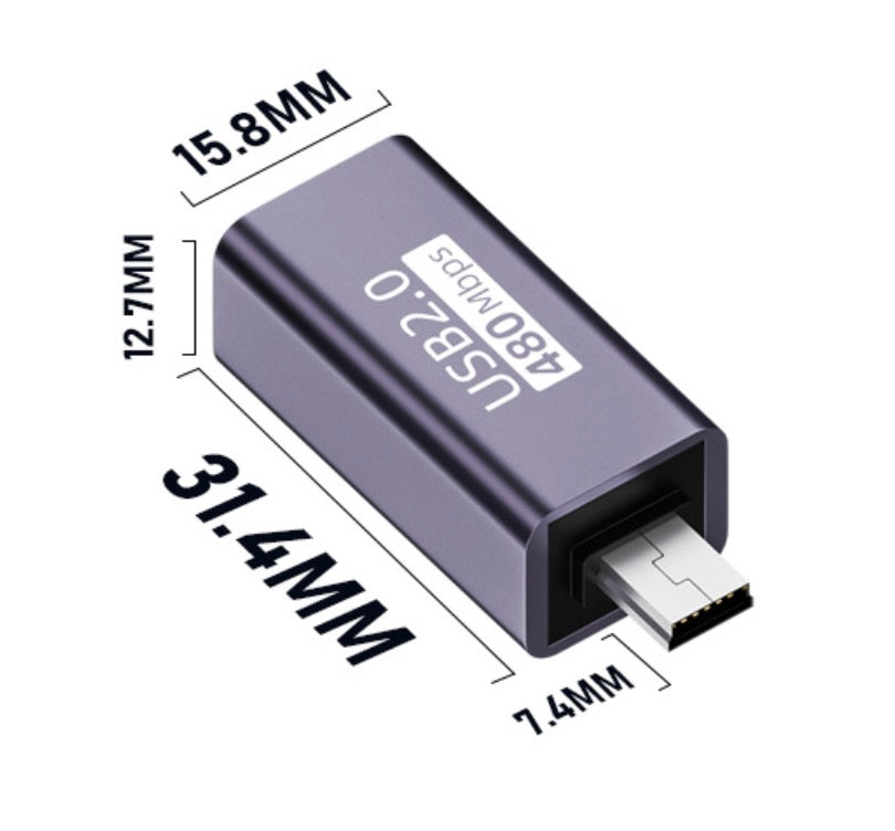 Mini USB OTG male to USB Type B female adapter showing 31.4mm dimensions