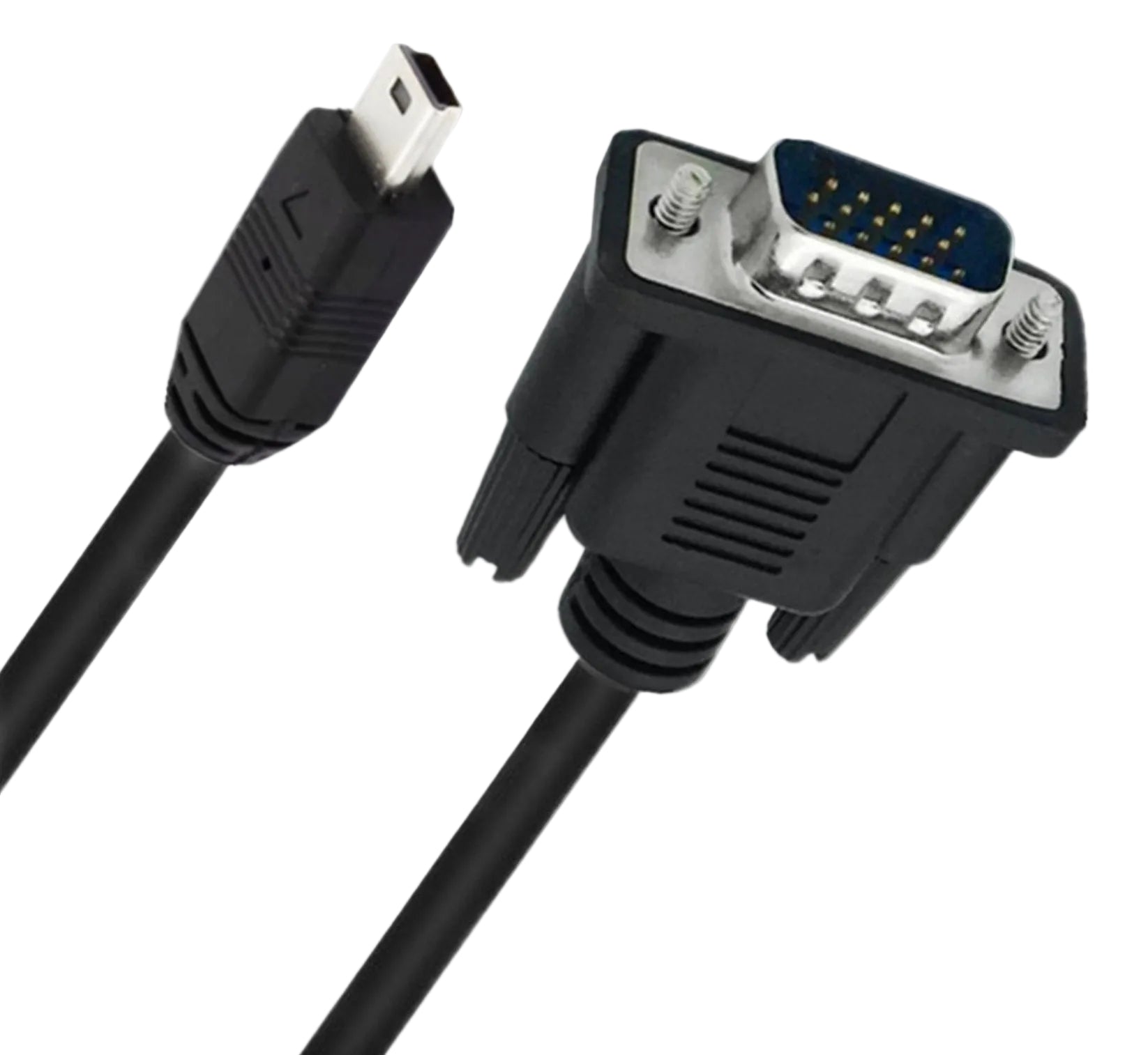 Close-up view of Mini USB 5 Pin and VGA 15 Pin male connectors on video cable